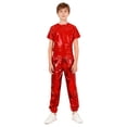 thumbnail image 5 of iiniim Girls Boys Hip Hop Jazz Dance Outfit Metallic Sparkly 2 Piece Short Sleeve T-Shirt and Shiny Pants Set Red 140, 5 of 7