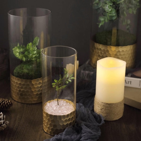 Efavormart Set of 3 Glass Cylinder Vases with Gold Honeycomb Base Glass  Candle Holders - 8