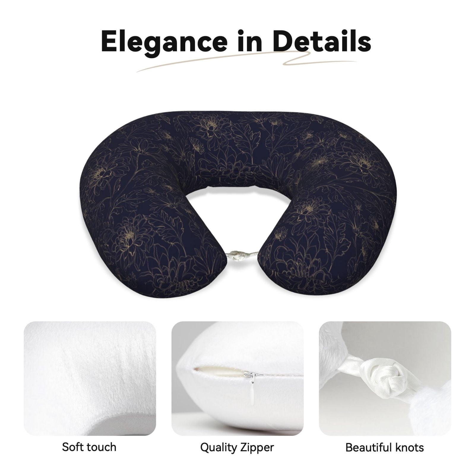 Xecao Copper-Gold Gloss Outline Chrysanthemum Print Memory Foam Cervical Neck Pillow Versatile U-Shaped Pillows for Home,Office,Camping,Travelling,Soft Washable Cover