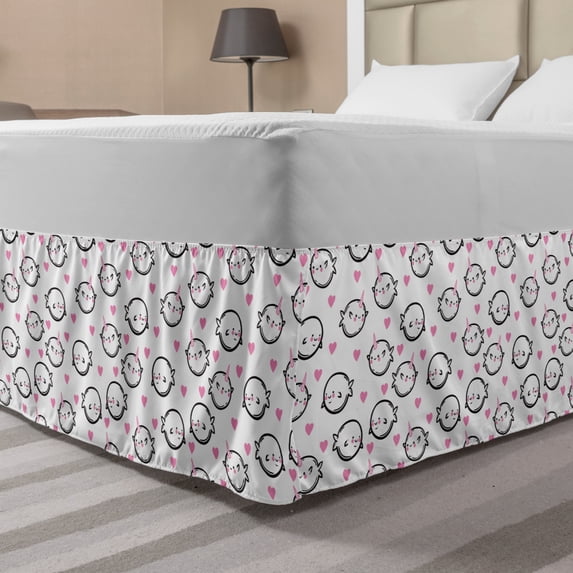 Narwhal Bed Skirt, Heart Background Doodle Style Whales Ocean Mammals Childrens Cartoon, Elastic Bedskirt Dust Ruffle Wrap Around for Bedding Decor, 4 Sizes, Pink Black White, by Ambesonne