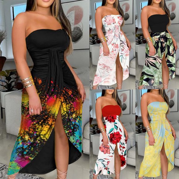 Azrian Clearance,Womens Plus Size Dress,Women's Summer Print Strapless Long Dress Beach Split Dress Party Club Dress Best Sell in 2023