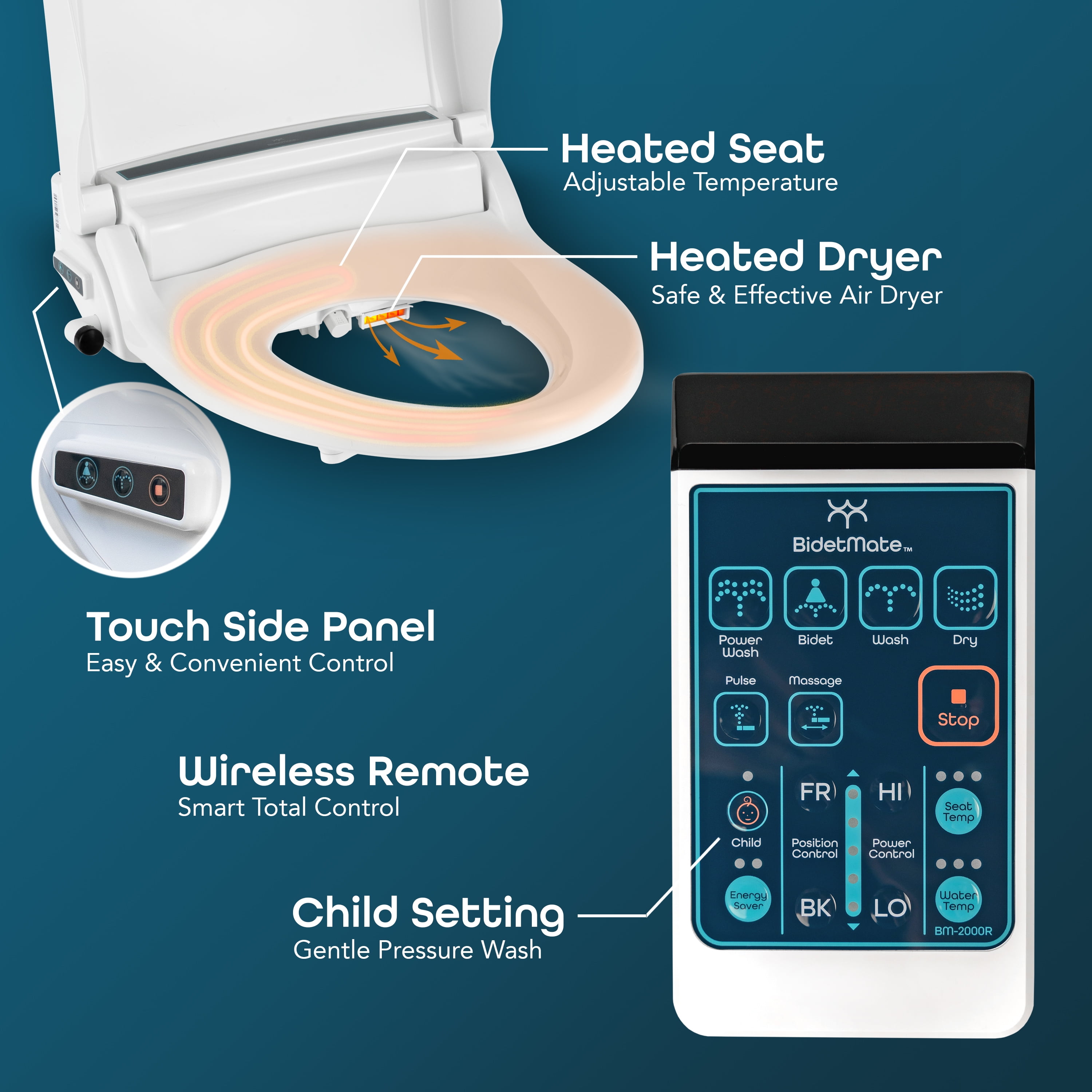BidetMate 2000 Series Smart Heated Toilet Seat with Electric Bidet & Side Controls, with Remote, Elongated