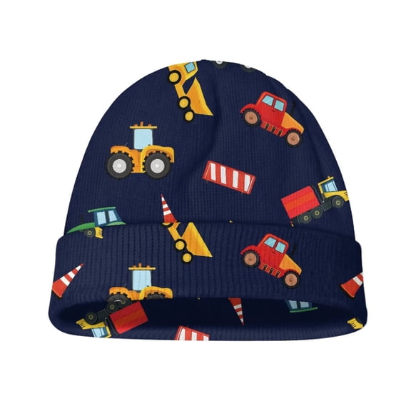 Psesaysky Kid's Winter Beanies Cartoon Construction Vehicle Print Stretchy Knitted Beanies Warm Cold Weather Beanie Hats for Boys or Girls