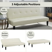 Button Tufted Futon Sofa Bed, Faux Leather Futon Couch, Modern Convertible Folding Sofa Bed Couch with Wooden Legs White