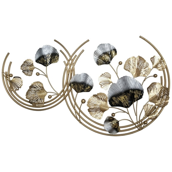3-Foot Ginkgo Leaves in Gold Circles Hanging Iron 3D Wall Decoration (38" Long x 23" Tall)