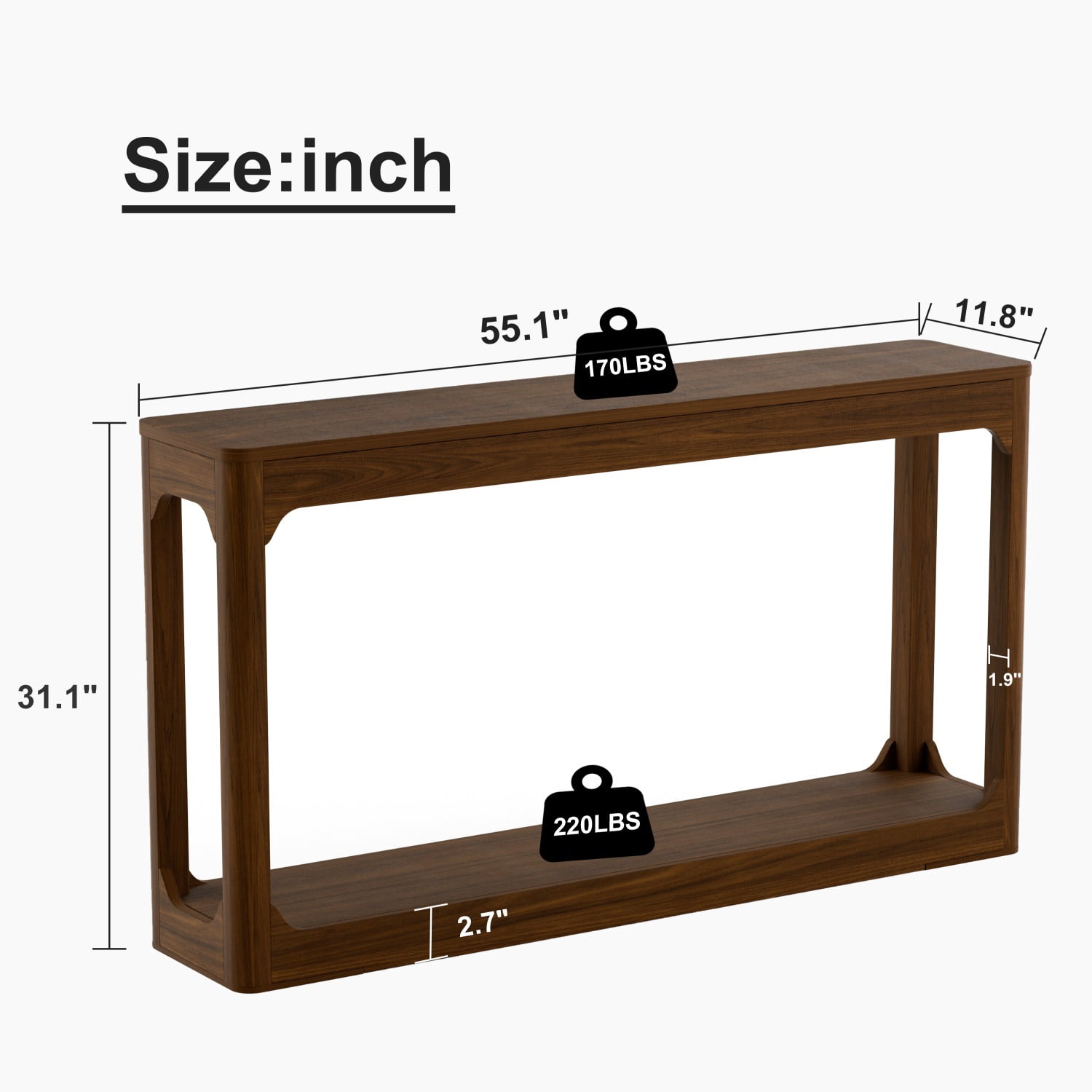 Hommoo 55.1-inch Curved-Leg Console Table, Slim Modern Entryway & Sofa Back Table with Open Shelf, Space-Saving Hallway Storage Table for Living Room, Entry, or Office, Walnut