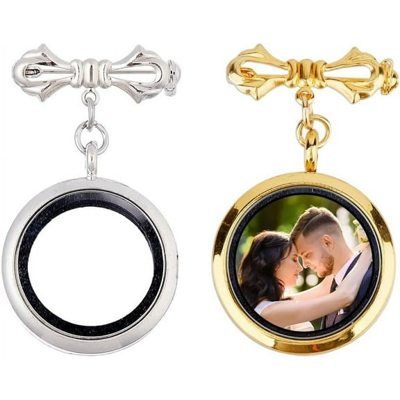 2Pcs Wedding Bouquet Photo Charm Bouquet Photo Locket Charms Brass Bridal Brooches Silver Gold Tie Wedding Memorial Brooches Pins Round Glass Photo Frame Pin Brooch for Bridal