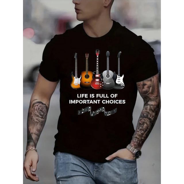 Men's 3D Digital Electric Guitar And Music Note Pattern And Letter Print Crew Neck Short Sleeve T-shirt, Chic And Stylish Tops For Summer Leisurewear, Tees For Men