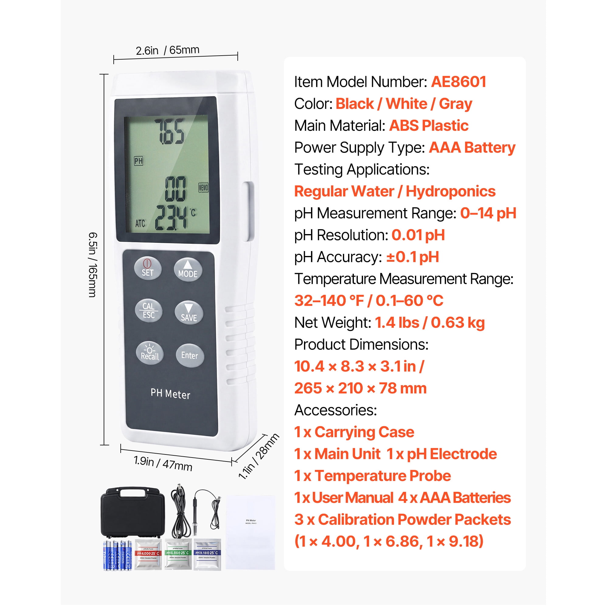 KFFKFF Portable pH Meter with 0-14 pH Range, Waterproof IP68 Probe, 3-Point Auto Calibration, Tester Kit Including Calibration Powder, Temperature Probe, and Carrying Case for Water Quality