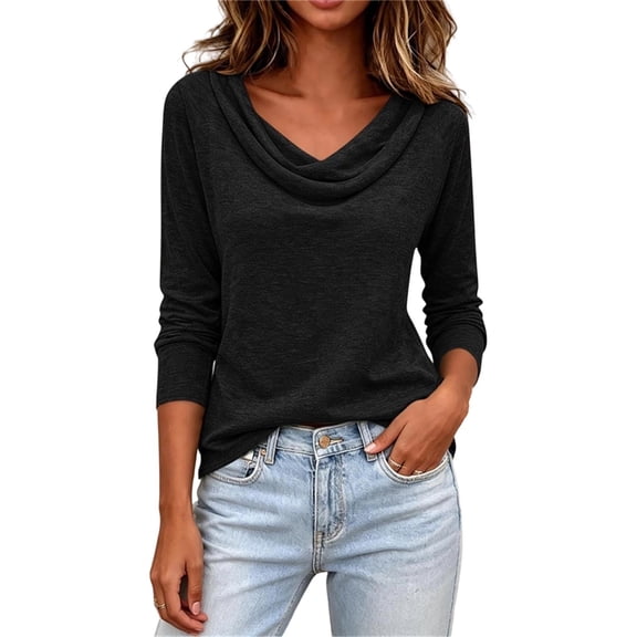 Qgtaibl Long Sleeve Tees for Women Draped Cowl Neck Stretchy Pullover Blouse Soft Loose Fit Dressy Shirts for Work Party Daily Wear Black XL