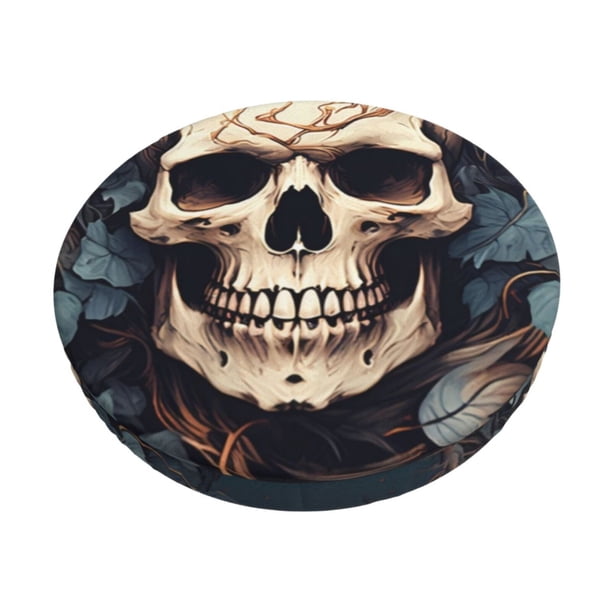 Disketp Vintage Leaf Flower Skull Funda Redonda para Taburete, Funda de Cojín para Silla de Bar Suave y Elástica-13 inch