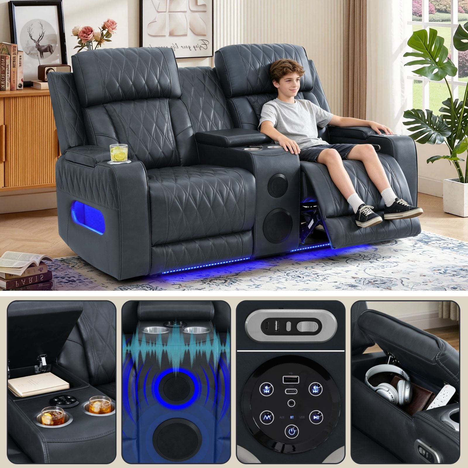 Electric Power Recliner Loveseat Chair, 2 Seater Recline Chair for Living Room & Home Theater, Built-in Cup Holder & USB Charging Ports, Black