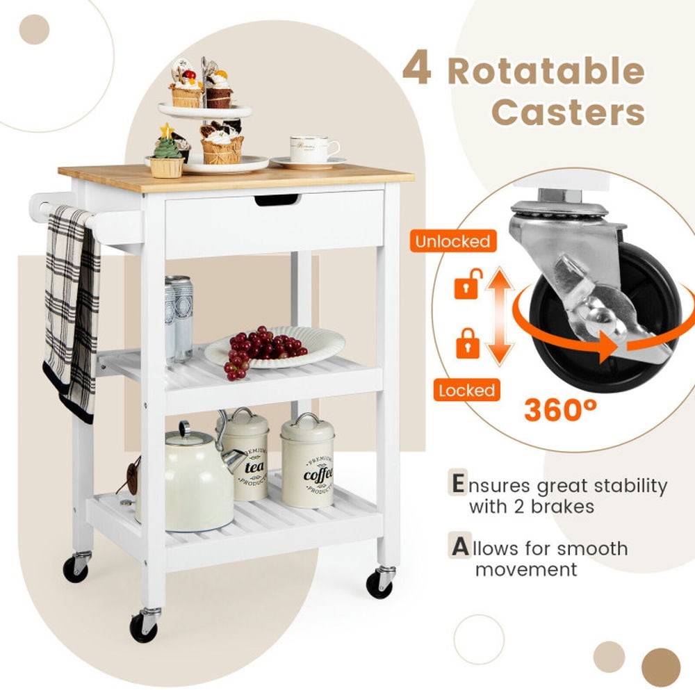 Finihen Rolling Cart, Kitchen Island Cart, 3-Tier Kitchen Island Cart Rolling Service Trolley with Bamboo Top, for Kitchen, Dining Room, White Finihen Rolling Cart, Kitchen Island Cart, 3-Tier Kitchen Island Cart Rolling Service Trolley with Bamboo Top, for Kitchen, Dining Room, White
