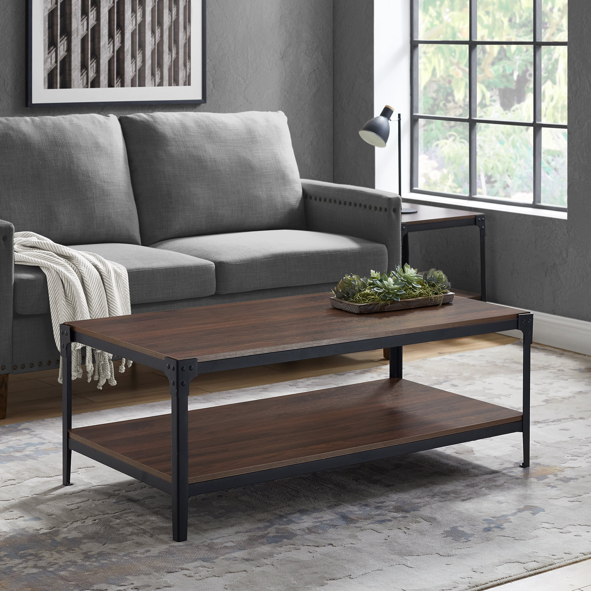 Woven Paths Wilson Angle Iron Rustic Coffee Table, Dark Walnut