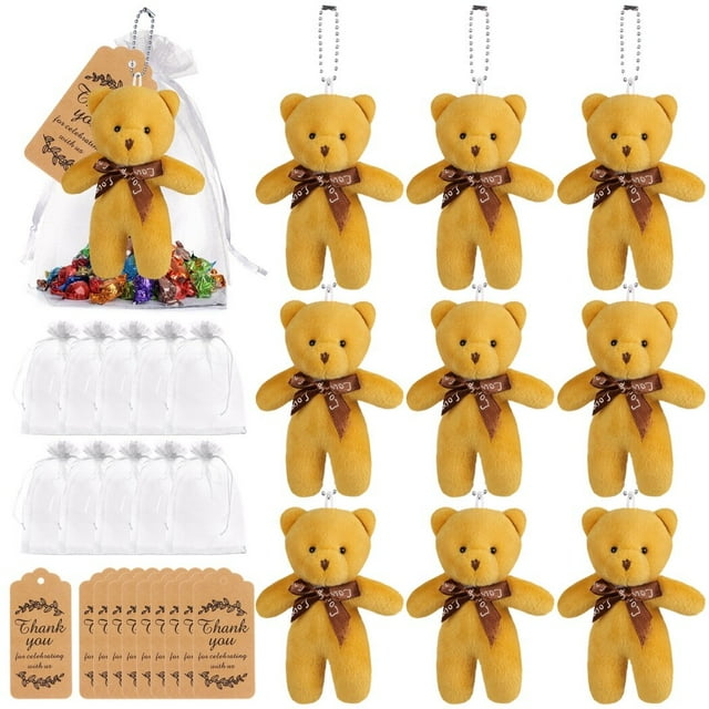 10 mini ositos de peluche para baby shower, pequeños osos de peluche a granel, mini osos de peluche de 4,7 pulgadas con etiquetas de agradecimiento y bolsas de organza, recuerdos de fiesta