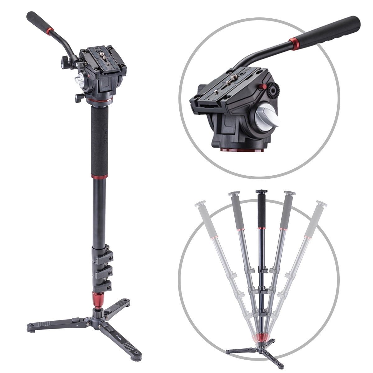 3Pod 4 Section Aluminum Photo/Video Monopod with Fluid HD Video Head