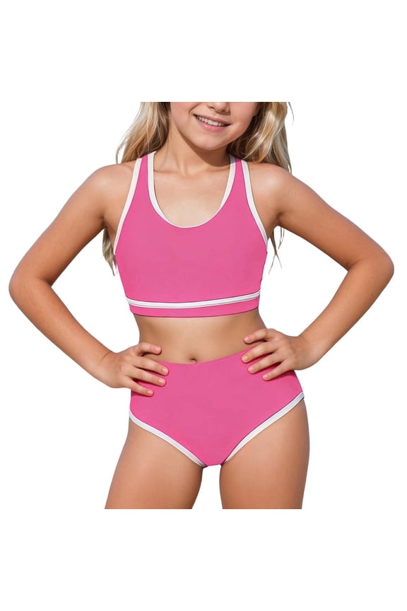 Girls Bikini Swimsuit With Sporty Black And White Color Block Design For Active Swimming Kids Bathing Suit, 2 Piece