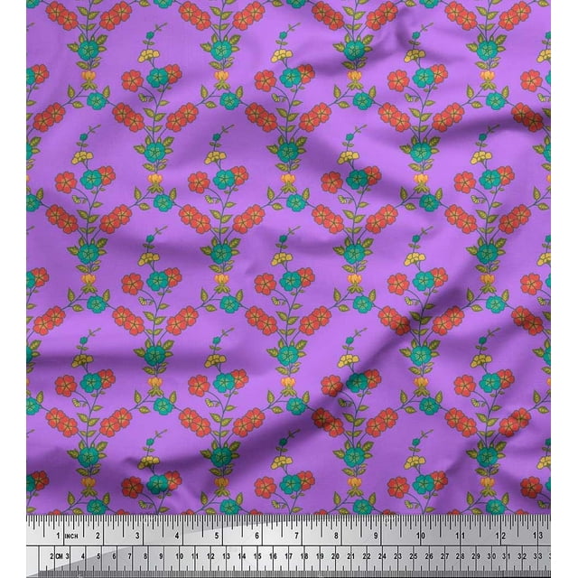 Soimoi Velvet Fabric Leaves & Floral Printed Fabric 1 Yard 58 Inch Wide