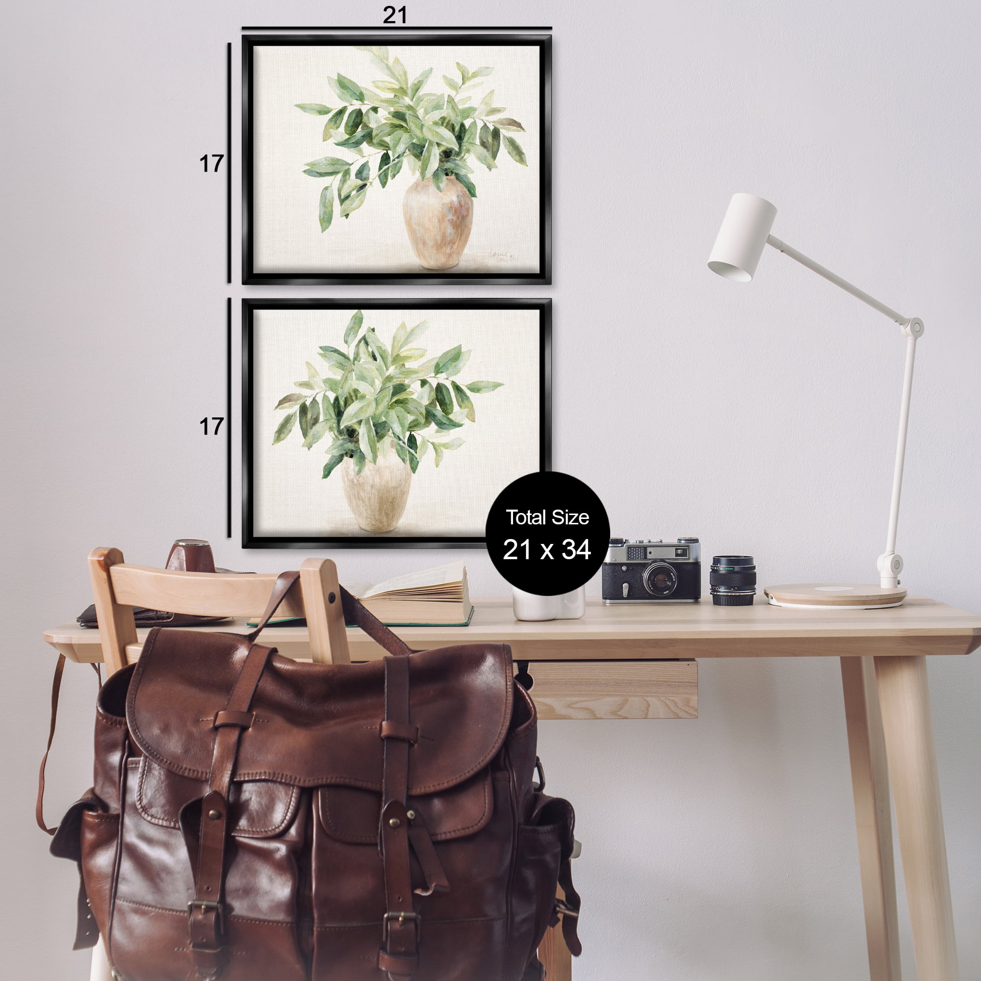 Stupell Industries Vase of Hardy Green Foliage Plants & Flowers Painting Black Floater Framed Canvas Art Print Wall Art, 21 x 17, Set of 2
