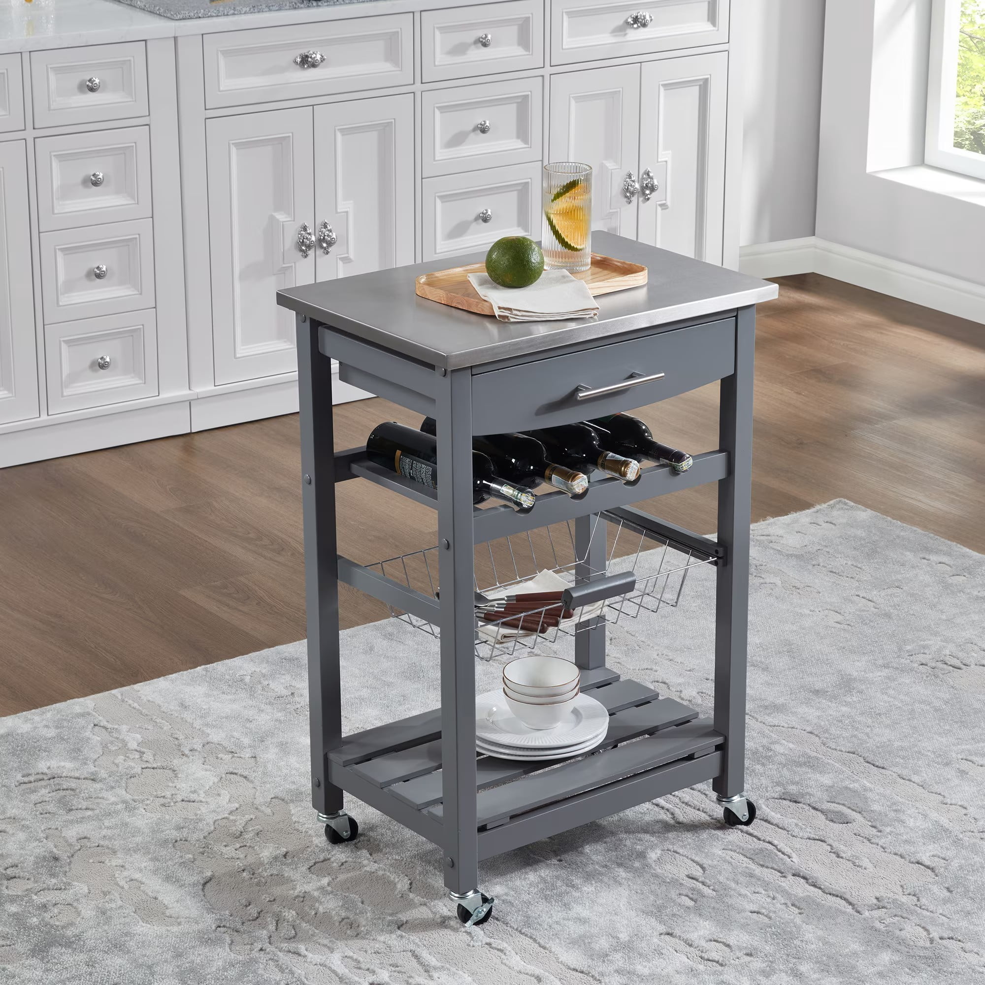 Mobile Rolling Kitchen Island Cart with Stainless Steel Top, Kitchen Trolley with Drawer, Slide-Out Wire Basket, Lockable Wheels, Portable Serving Cart for Kitchen, Dining Room, Grey