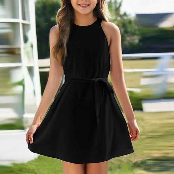 XDDLITP Girls Summer Dress Halter Neck Sleeveless Dresses for Girls 4-12 Solid Color Dresses A-Line Party Casual Mini Swing Dress Tie Waist,Black 160(13-14Y)