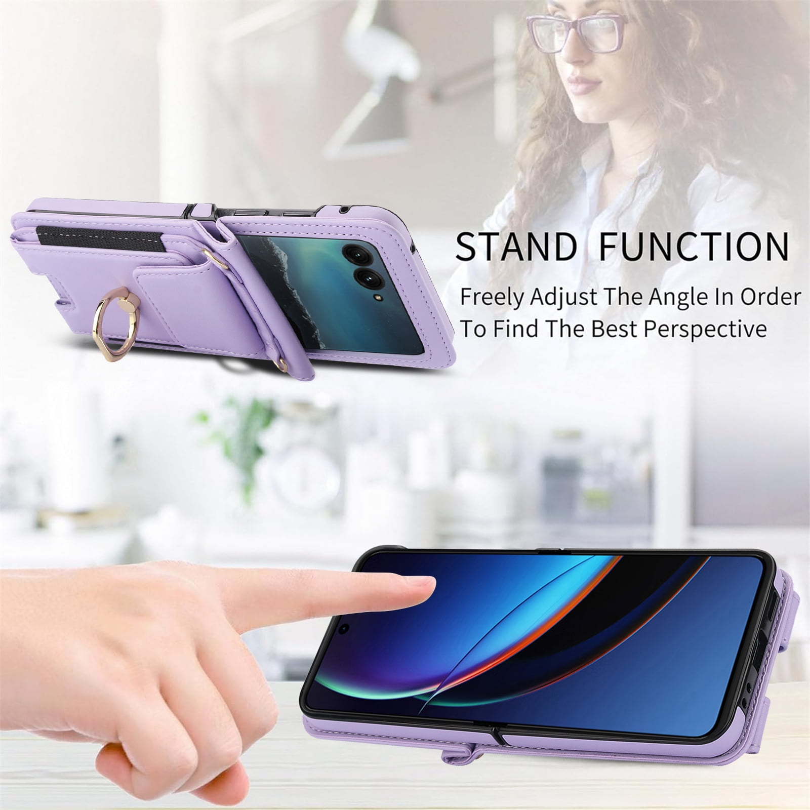 for Motorola Razr 2024 Case, Retro PU Leather Shockproof Protection Phone Case Wallet Built in Credit Card Slots Flip Cover Finger Ring Stand with Long Strap + Short Strap, Purple
