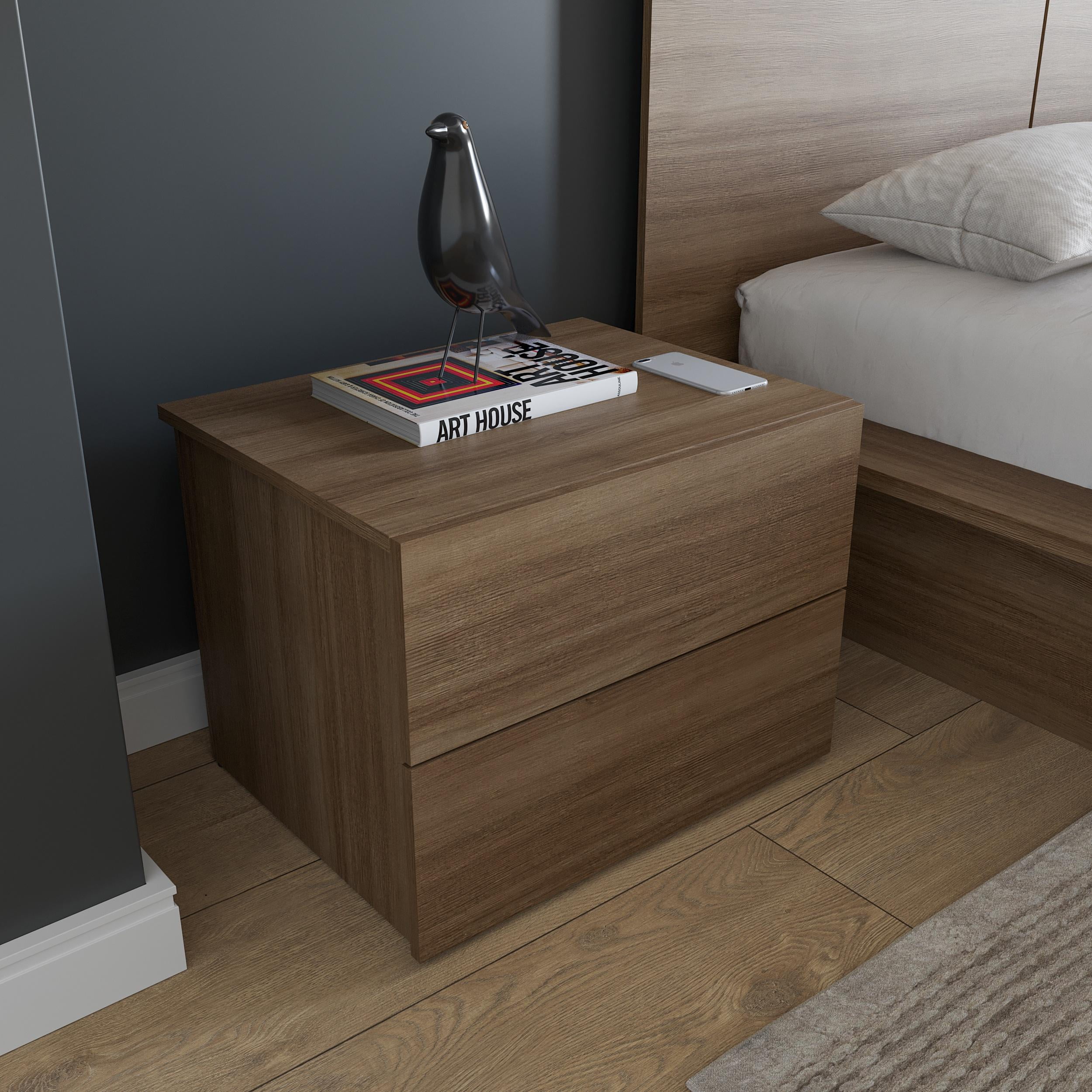 Nexera James Modern 2 Drawer Nightstand, Brown Oak