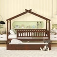 thumbnail image 4 of Harper & Bright Designs Full Size Wooden House Bed with Trundle, Wood Montessori Daybed Frame with Roof and Safety Guardrail, Walnut, 4 of 12