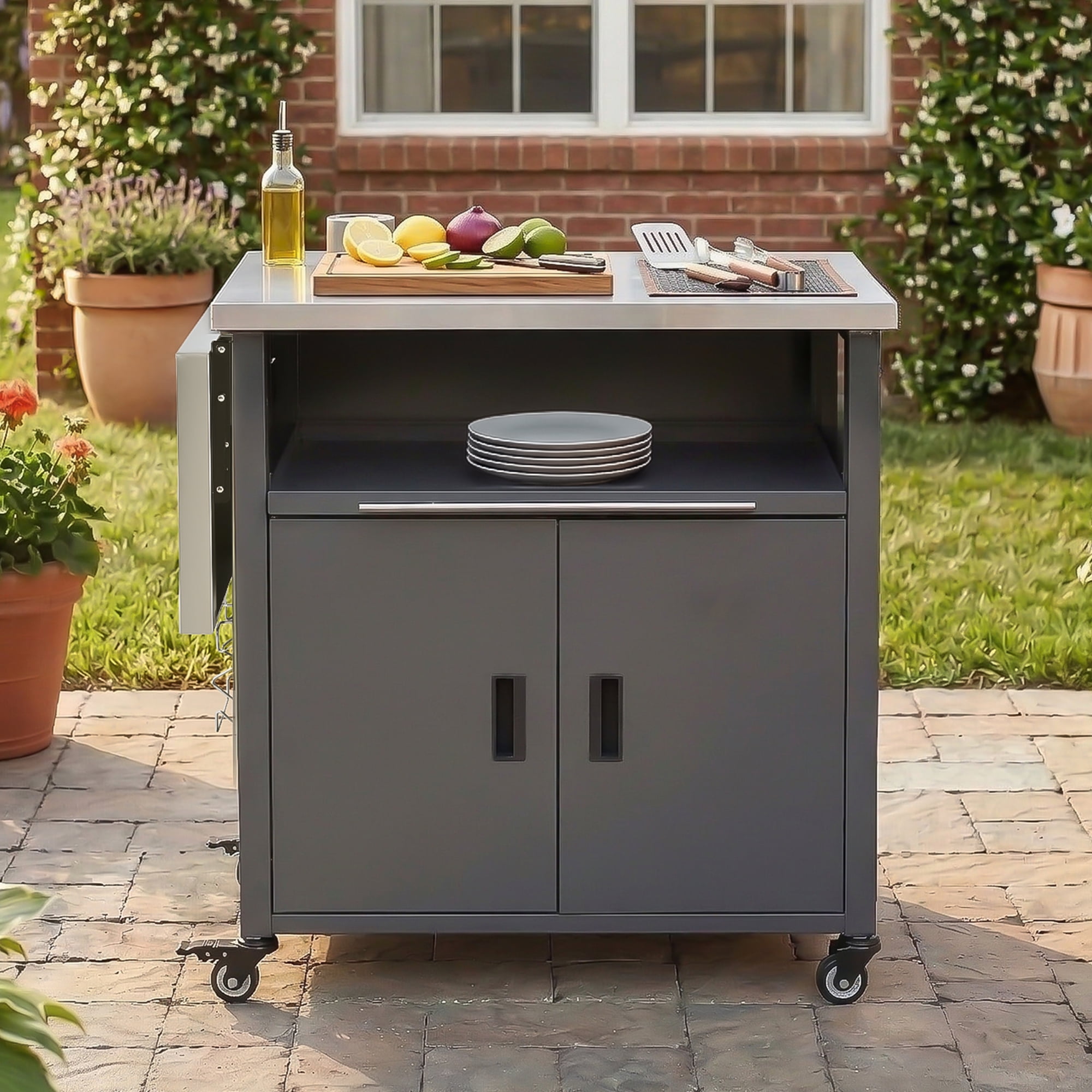 Foldable BBQ Prep Cart, Outdoor Patio Dining Serving Cart with Trash Rack for Backyard, Gray