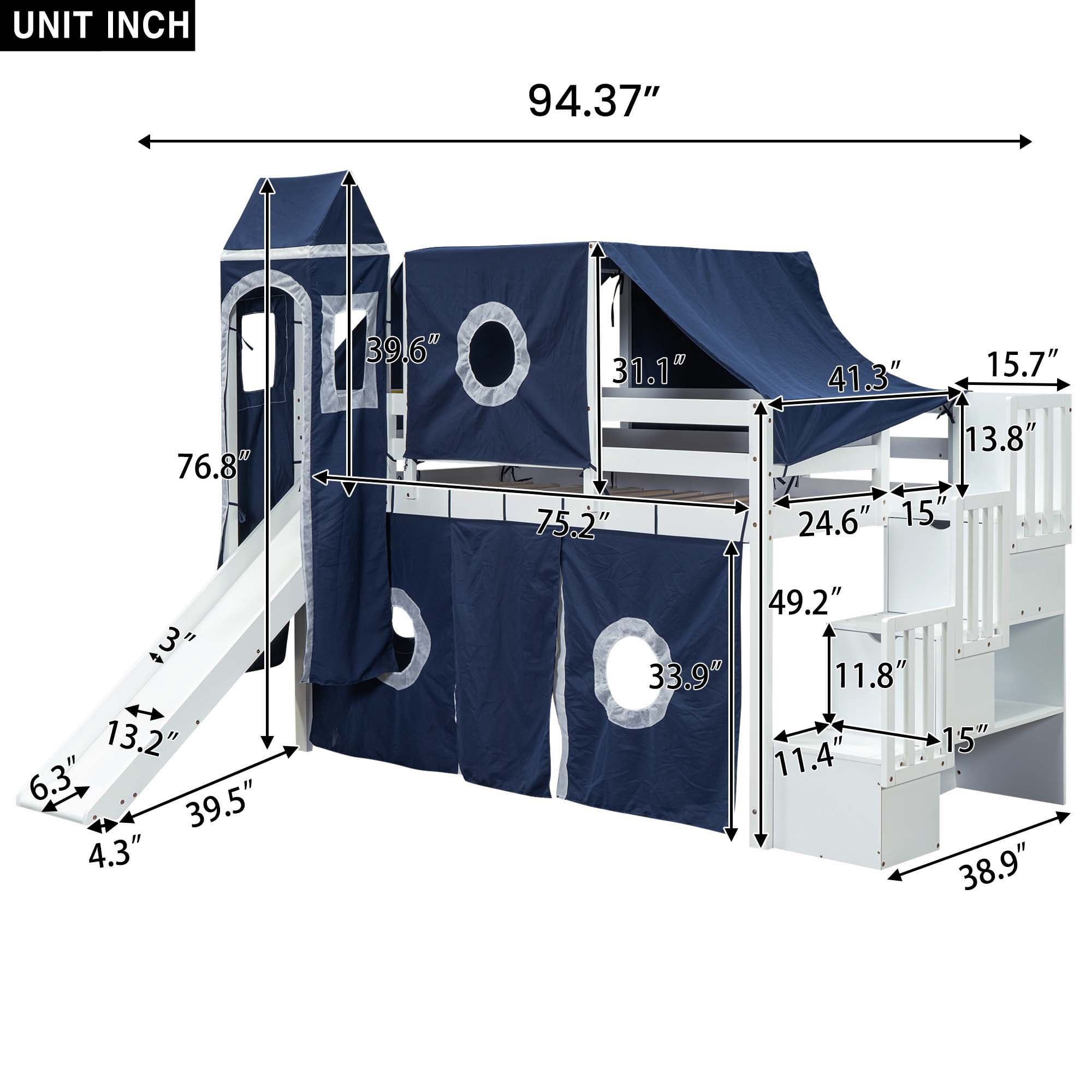 Aukfa Twin Loft Bed with Slide - House Loft Castle Bed with Stairway Tent Tower for Kids - Navy