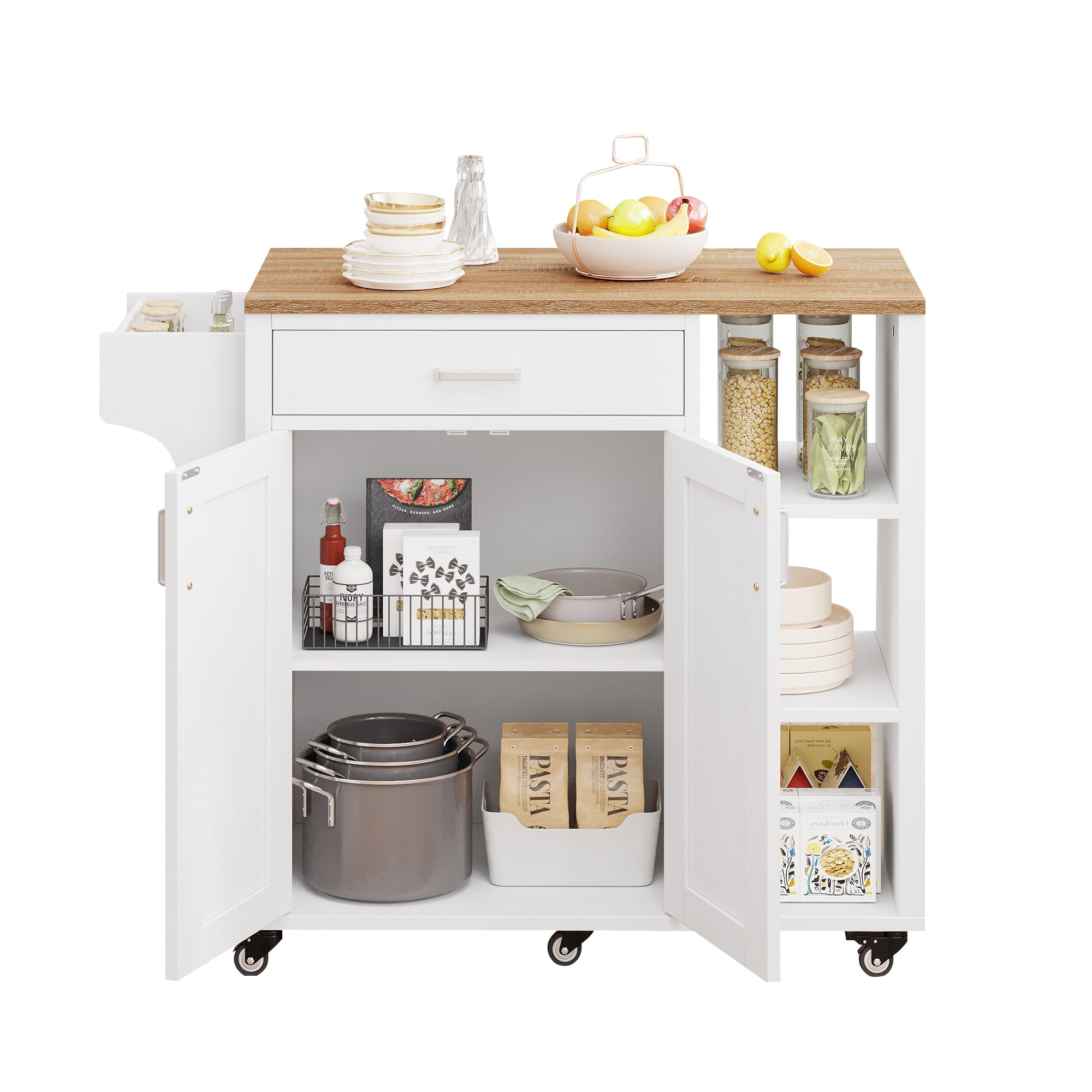 DEXTRUS 37" Kitchen Island Cart with Storage, Kitchen Storage Cart with Shelves & Spice Rack, White