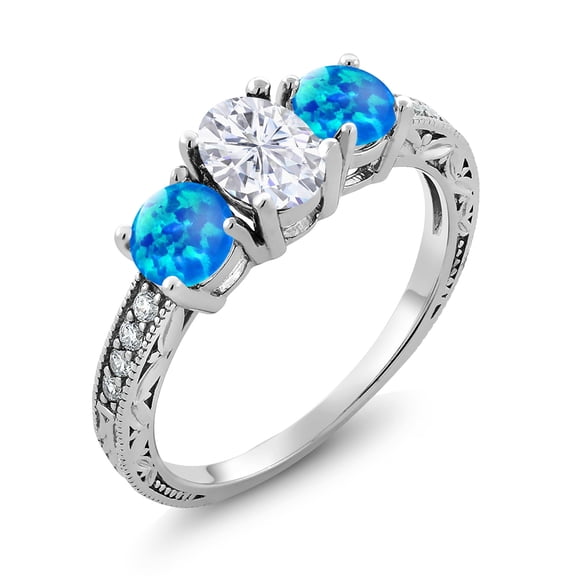 Gem Stone King 925 Sterling Silver Blue Simulated Opal Ring Set with Moissanite (2.02 Cttw) (Size 9)