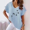 thumbnail image 5 of WREESH Women's Loose Batwing Sleeve T-Shirt Cotton Linen V-Neck Top with Graphic Design Blue, 5 of 5