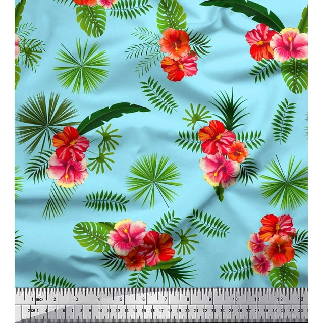 Soimoi Tissu en Satin Modal Imprimé Floral & Feuilles Tropical au Mètre 42 Pouces de Large