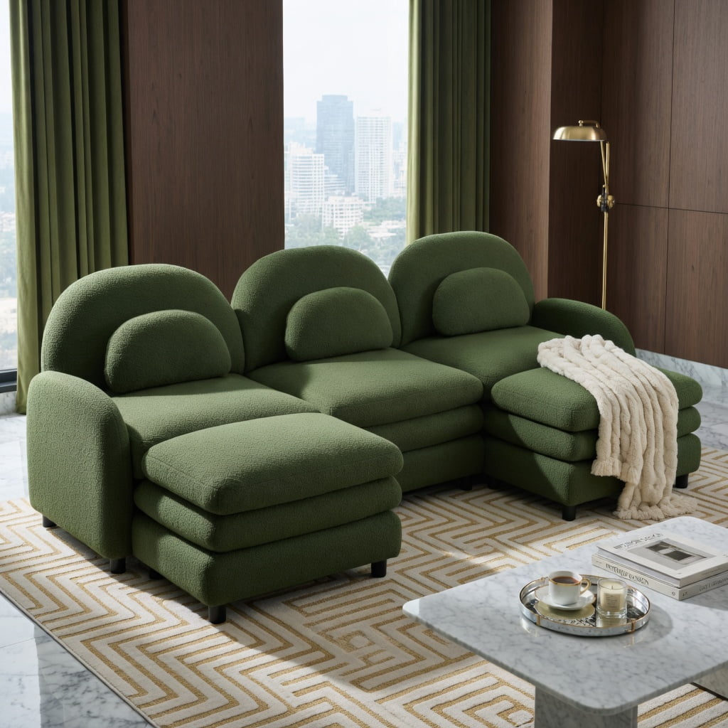 Hommoo Teddy Fleece 3-Seat Modular Sectional Sofa with Curved Backrest, Lumbar Pillows & 2 Movable Ottomans, Cloud-Like Comfort, Easy Assembly, Green