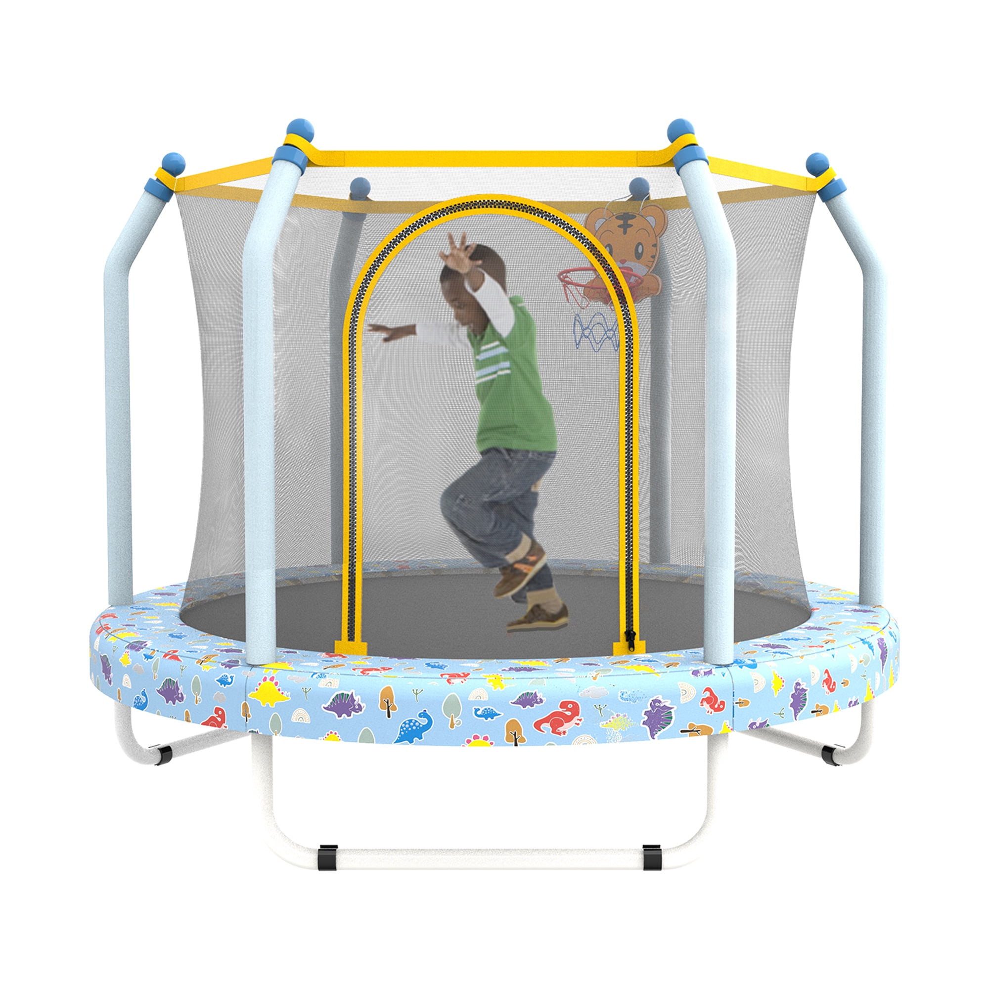 BTMWAY 55" Toddler Trampoline with Safety Enclosure Net, Trampoline Indoor & Outdoor, Mini Trampoline for kids 1-8 with Basketball Hoop, Ball and Thick Foam Protection, Birthday Gifts for Boy &Girl