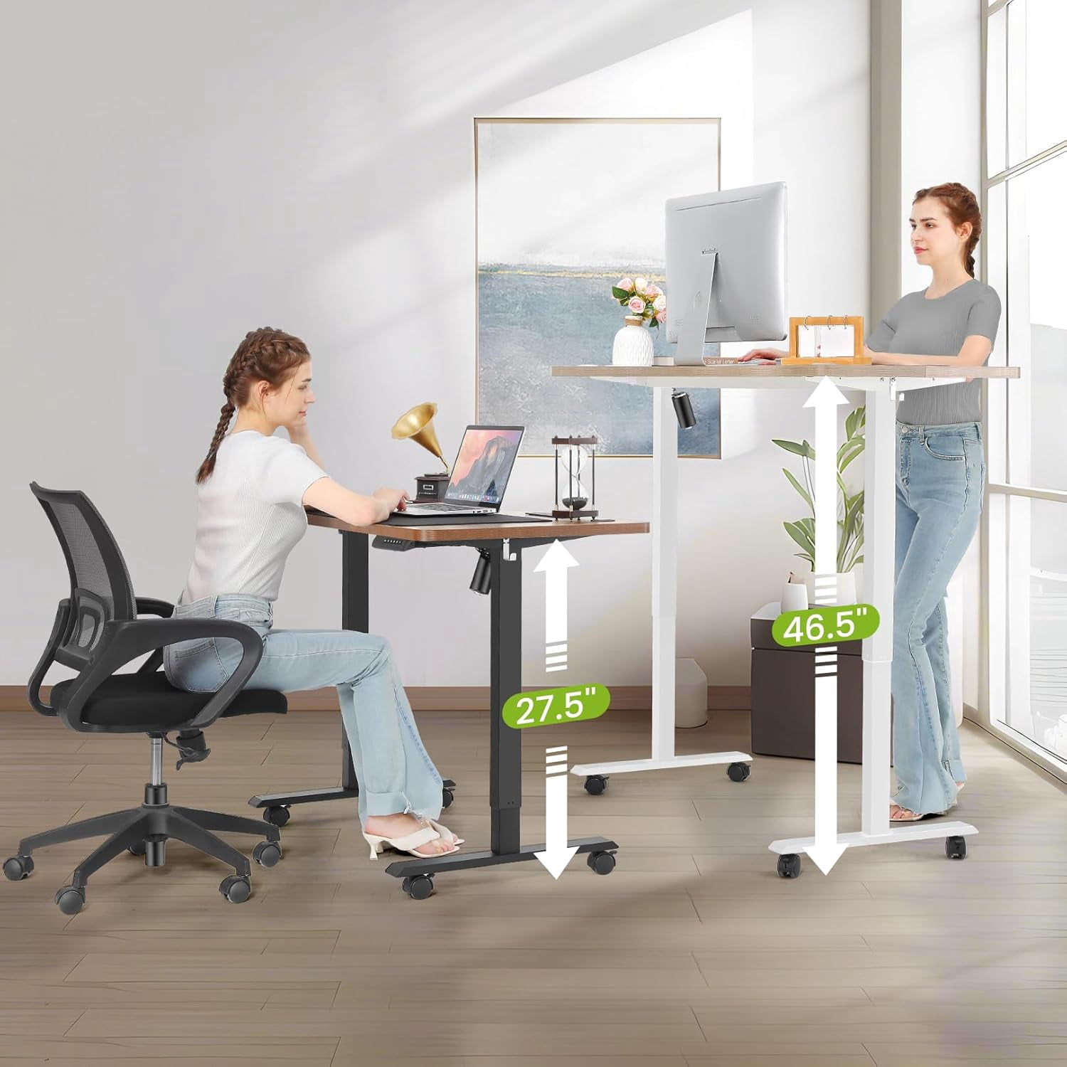 Adnoom 63″X24″ Electric Standing Desk, Metal Frame Height Adjustable Standing Desk Converter w/Large Mouse Pad, Sit Stand Computer Desk Home Office Desk with Lockable Wheels