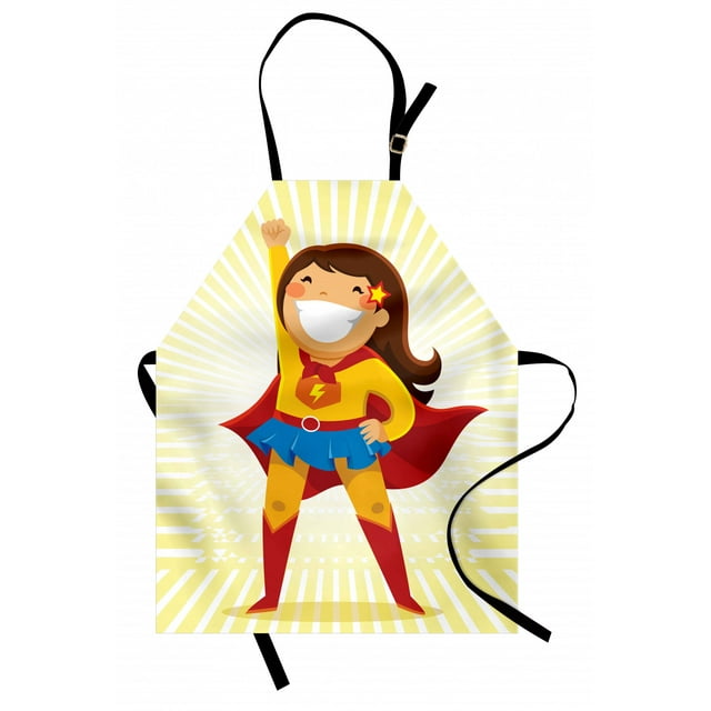 Superhero Apron Courageous Little Girl with a Big Smile in Costume Standing in a Heroic Position, Unisex Kitchen Bib Apron with Adjustable Neck for Cooking Baking Gardening, Multicolor, by Ambesonne
