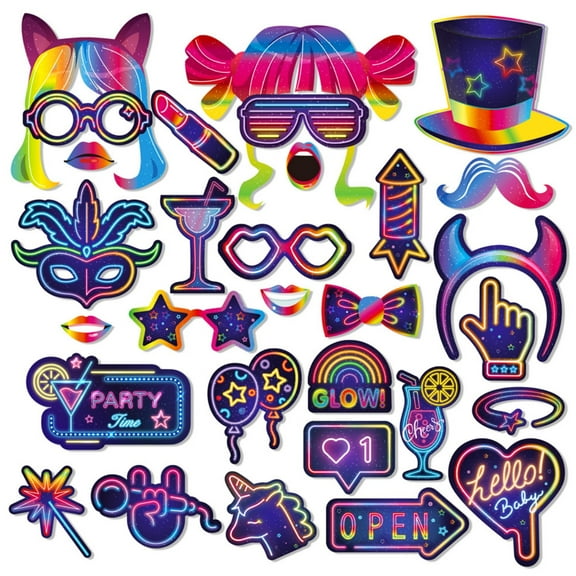 30pcs Fluorescent Photo Props, Interesting Paper Photo Props Set, For Disco party decorations.