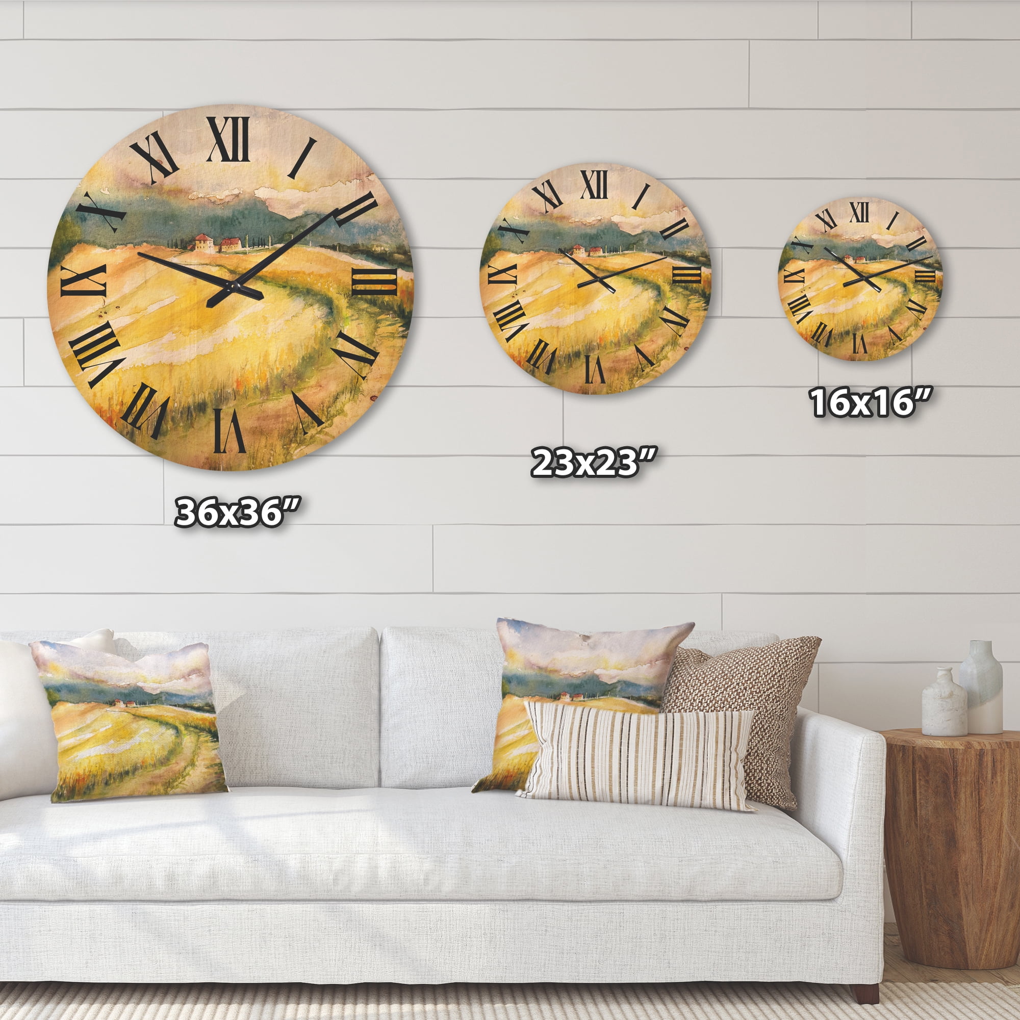 Designart 'Golden Grass Fields of Tuscany Italy' Country Wood Wall Clock