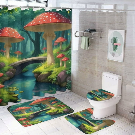 Enchanted Forest with Mushrooms Shower Curtain Set Modern Bathroom Decor Mats 4pcs Fabric Bathroom Curtain Slip Floor Rug Toilet Lid