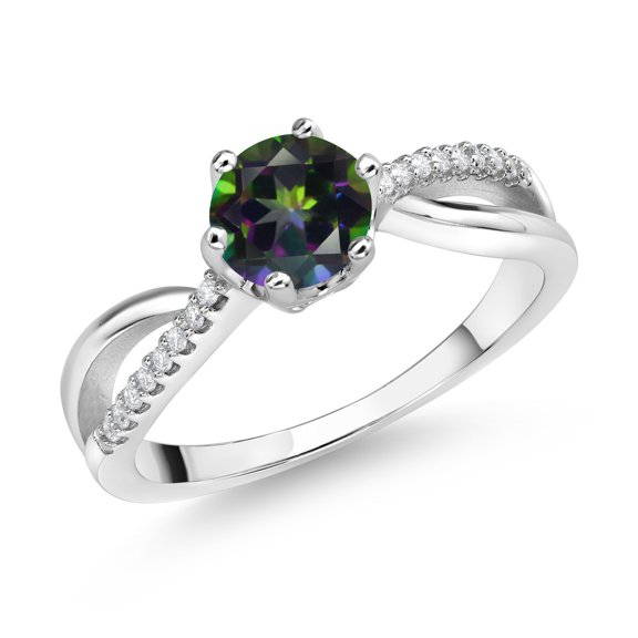 Gem Stone King 925 Sterling Silver Ring Round Mystic Topaz and Moissanite (1.08 Cttw) (Size 8)