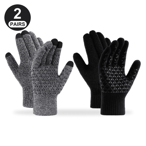 BUBABOX 2 Pairs Winter Knit texting Gloves for Adult, Non-slip Touchscreen Gloves Unisex, Mens Winter Thermal Driving Gloves for Driving,Running,Driving,Hiking(grey,black)