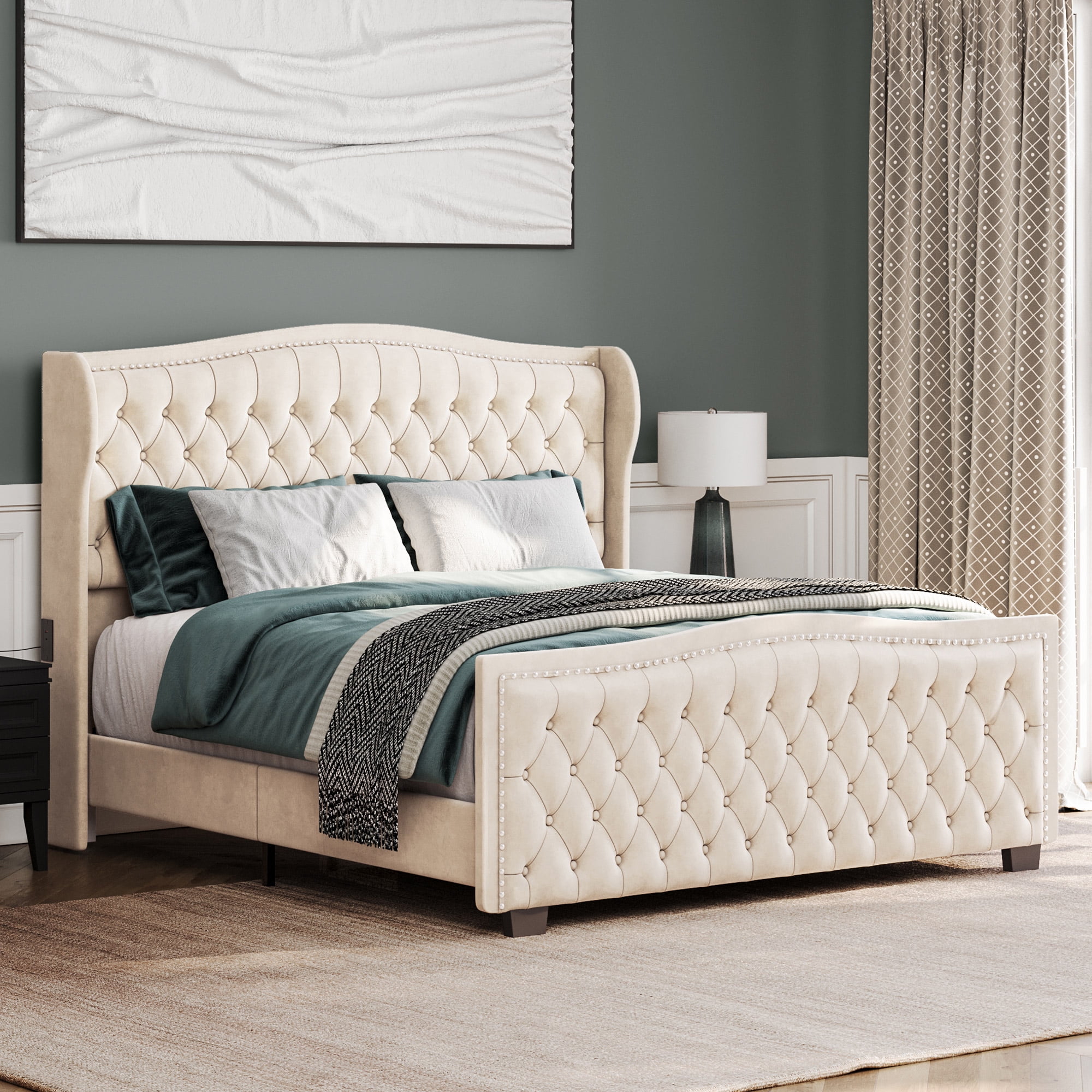 BELLEZE Upholstered King Bed Frame With Charging Port, Velvet, Tufted ...