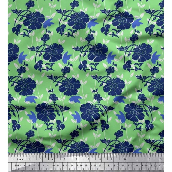 Soimoi Green Cotton Cambric Fabric Leaves,Insect & Floral Artistic Printed Fabric 1 Yard 42 Inch Wide