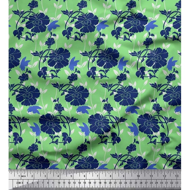 Soimoi Green Polyester Crepe Fabric Leaves,Insect & Floral Artistic Printed Craft Fabric by The Yard 52 Inch Wide