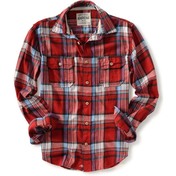 Aeropostale - Camisa de franela de manga larga con bolsillo para hombre, color rojo, grande