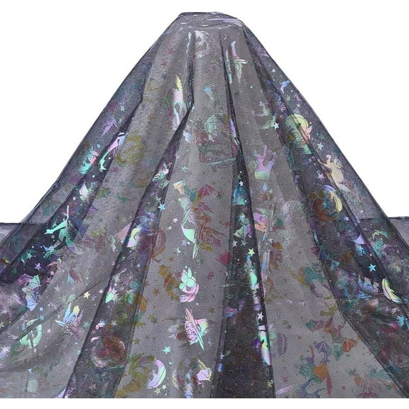 2x1.6m/2.2Yards x 63Inch Witches Colorful Foil Tulle Pumpkin Black Web Fabrics Cat Bat Pattern Mesh Fabric Rectangle Star Polka Dots Craft Fabric for Party Decoration