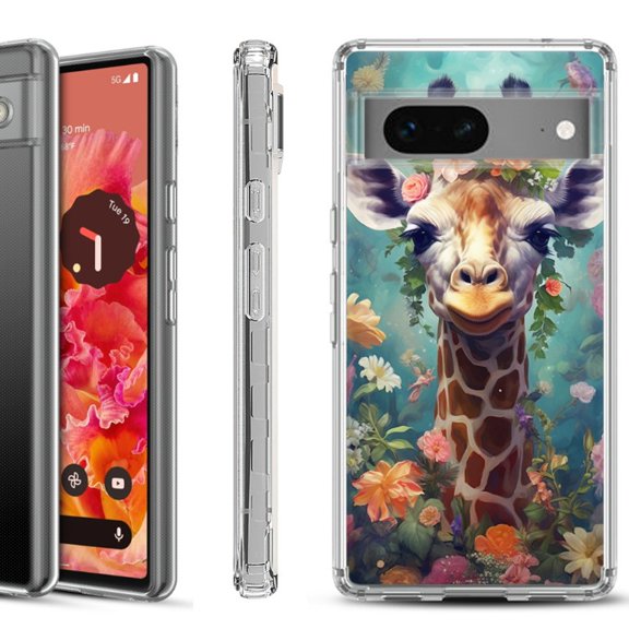 Shockproof Phone Case for Google Pixel 8a 5G, Hybrid Case Cover, by OneToughShield - Giraffe Flower