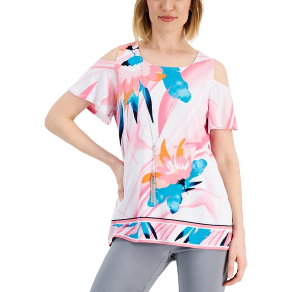 JM Collection Petite Printed Cold-Shoulder Tunic Pink Gemstone Combo PM